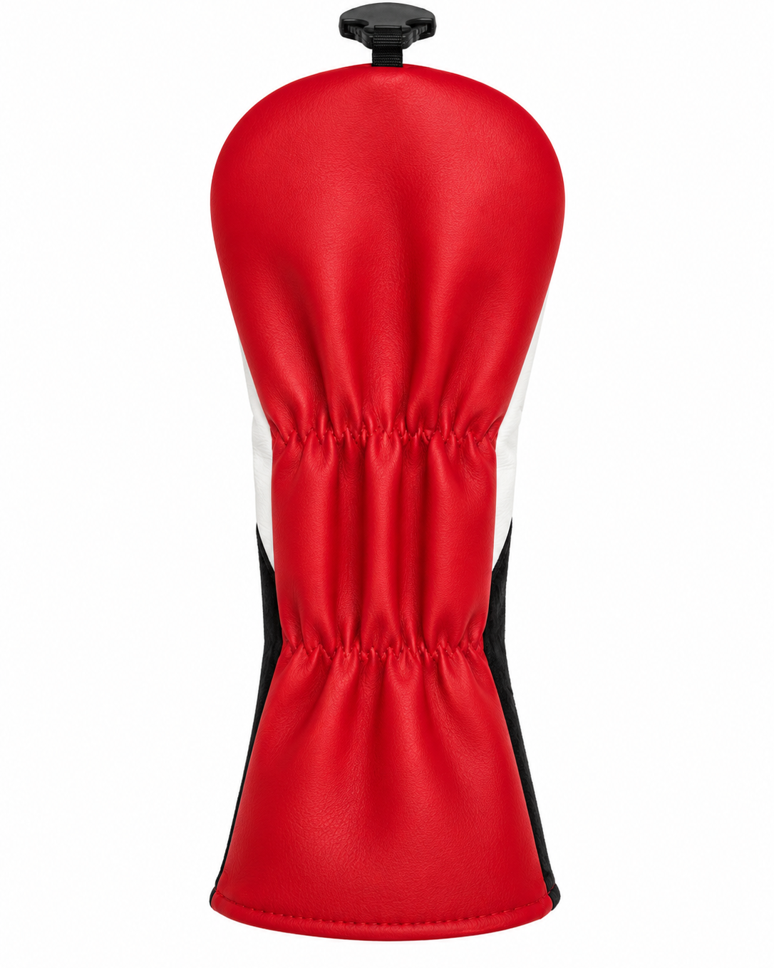 A red golf club headcover with white and black side panels and a black top knob, shown against a plain white background.