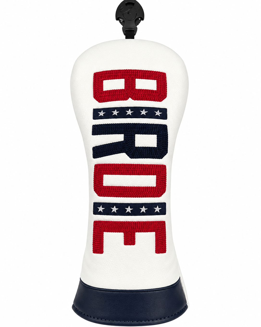 A white golf club headcover with a knitted design spelling 'BIRDIE' vertically in red and navy blue, decorated with small white stars on navy bars. The headcover has a navy blue base and a black top knob, shown on a plain white background.