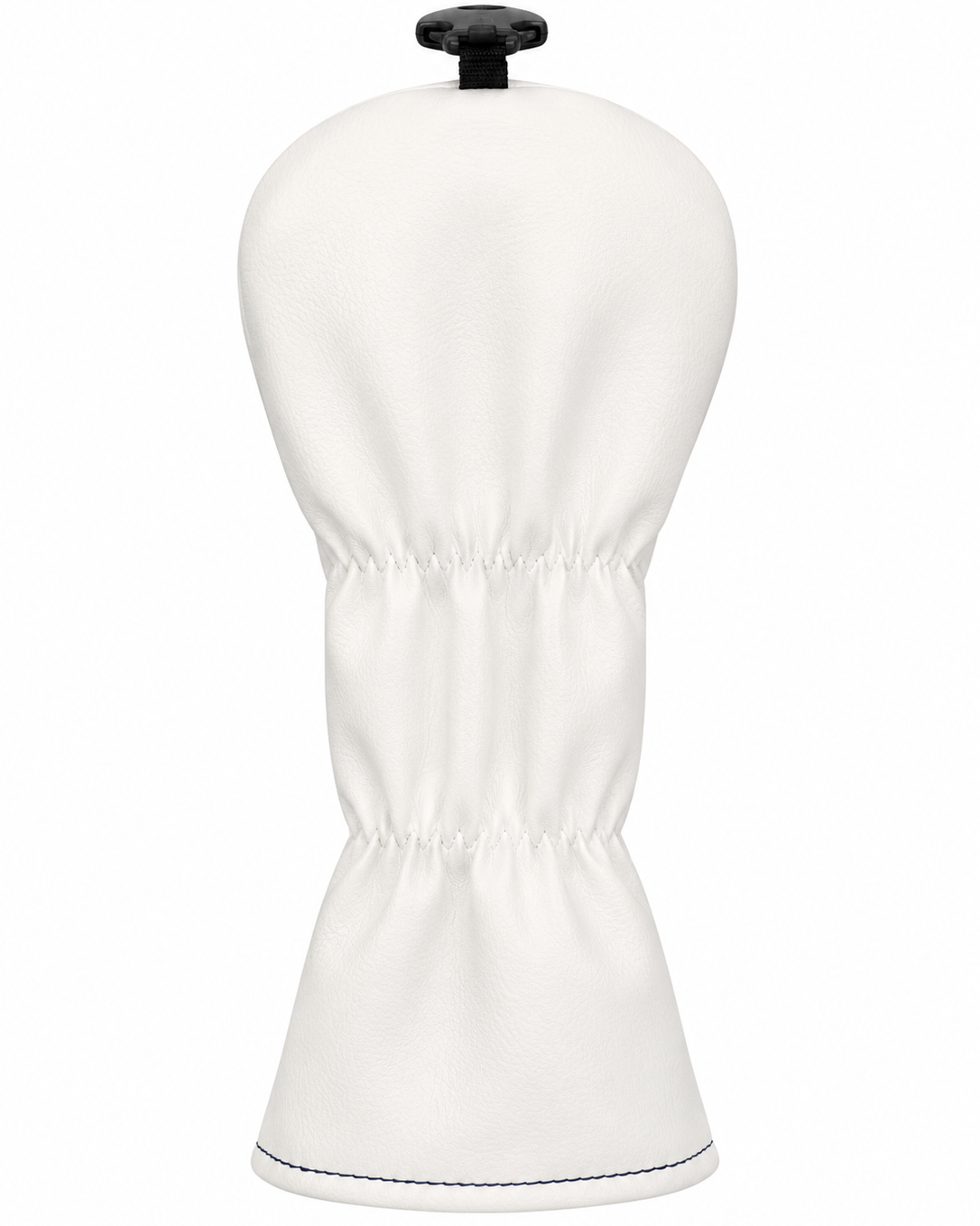 A white golf club headcover with a black top knob, shown from the back on a solid white background.