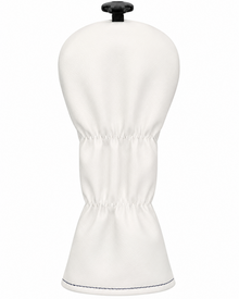 A white golf club headcover with a black top knob, shown from the back on a solid white background.