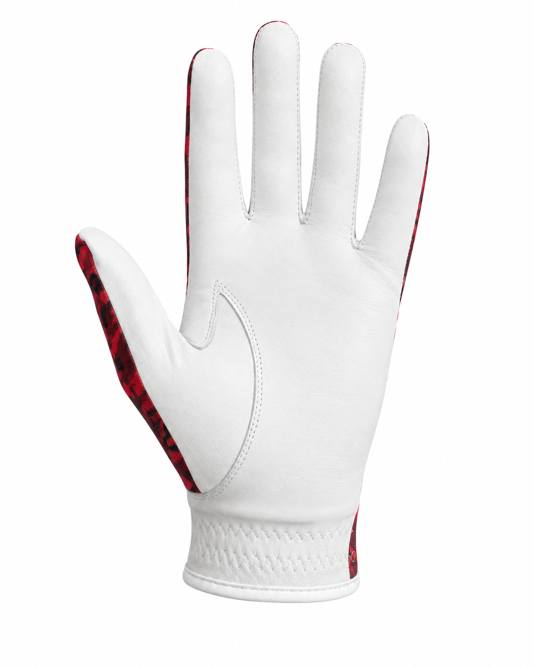 A white leather golf glove with red patterned accents on the sides of the fingers and back, shown against a plain white background.