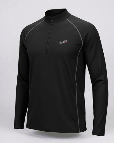 Black long-sleeve athletic shirt with a brand logo on a light gray background
