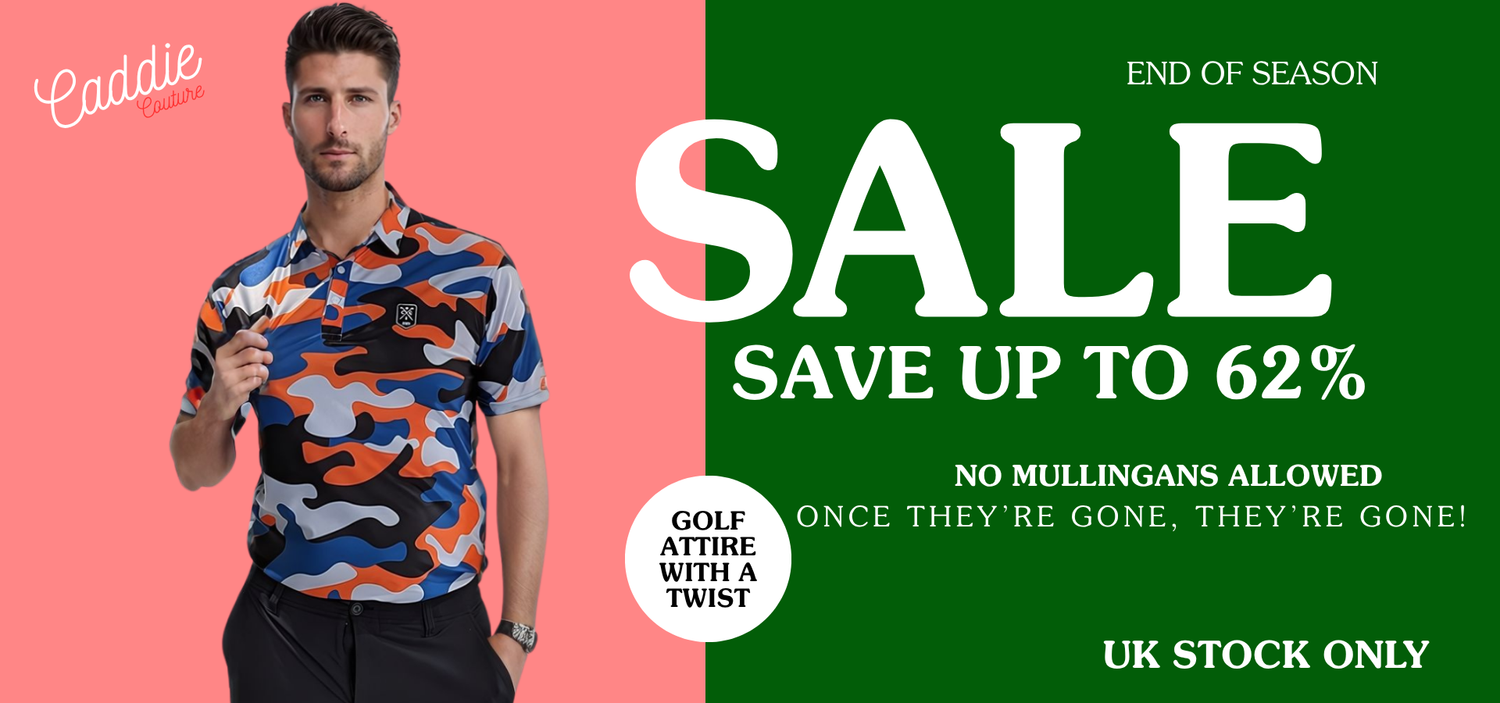 Man wearing a colorful shirt with a sale advertisement on a split pink and green background.