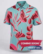 A short-sleeve polo shirt with a vibrant tropical floral pattern in teal, pink, and red, featuring a 'Cuddle' brand logo on the chest and collar, with a 'COMING SOON!' promotional banner overlay at the bottom.