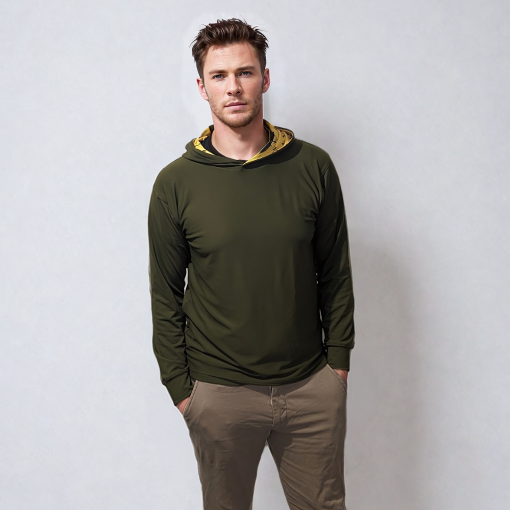 male model wearing green link golf hoodie with hands in pockets