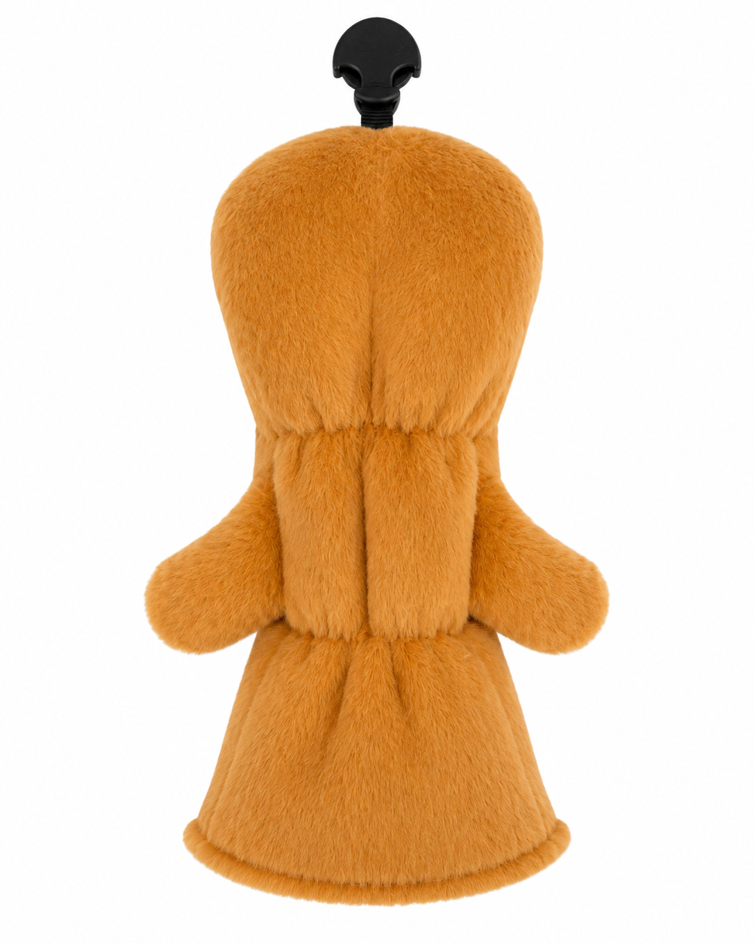 a gingerbread golf club head cover with a fuzzy texture, shown from the back on a plain white background. It has a rounded top with a small black hanging tab at the center.