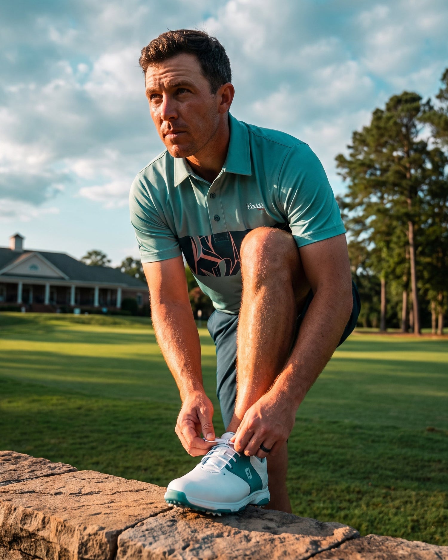 A man in a teal polo shirt and gray shorts crouches on a stone wall at a golf course, tying the laces on his white and teal golf shoe. A clubhouse and trees are visible in the background.