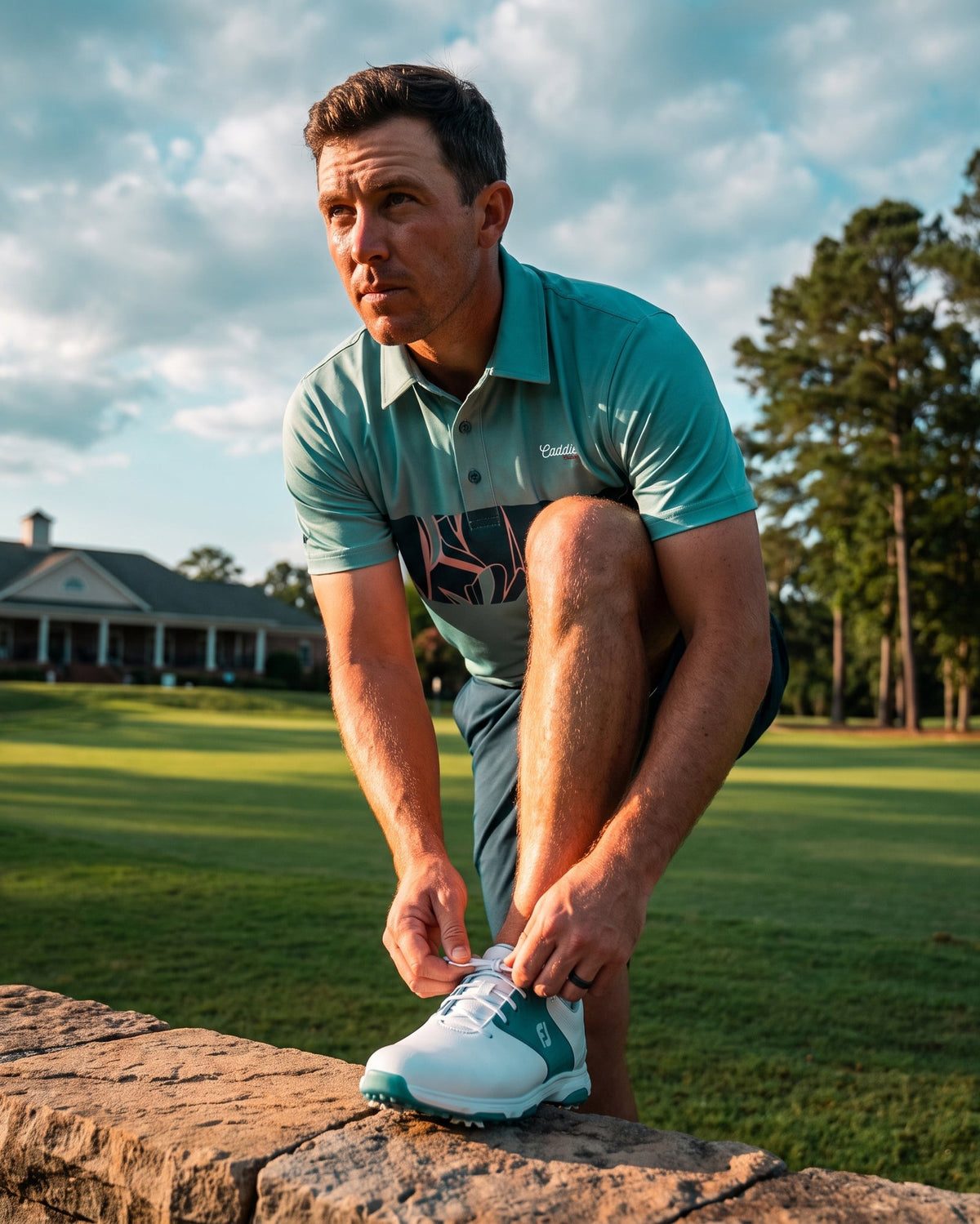 A man in a teal polo shirt and gray shorts crouches on a stone wall at a golf course, tying the laces on his white and teal golf shoe. A clubhouse and trees are visible in the background.