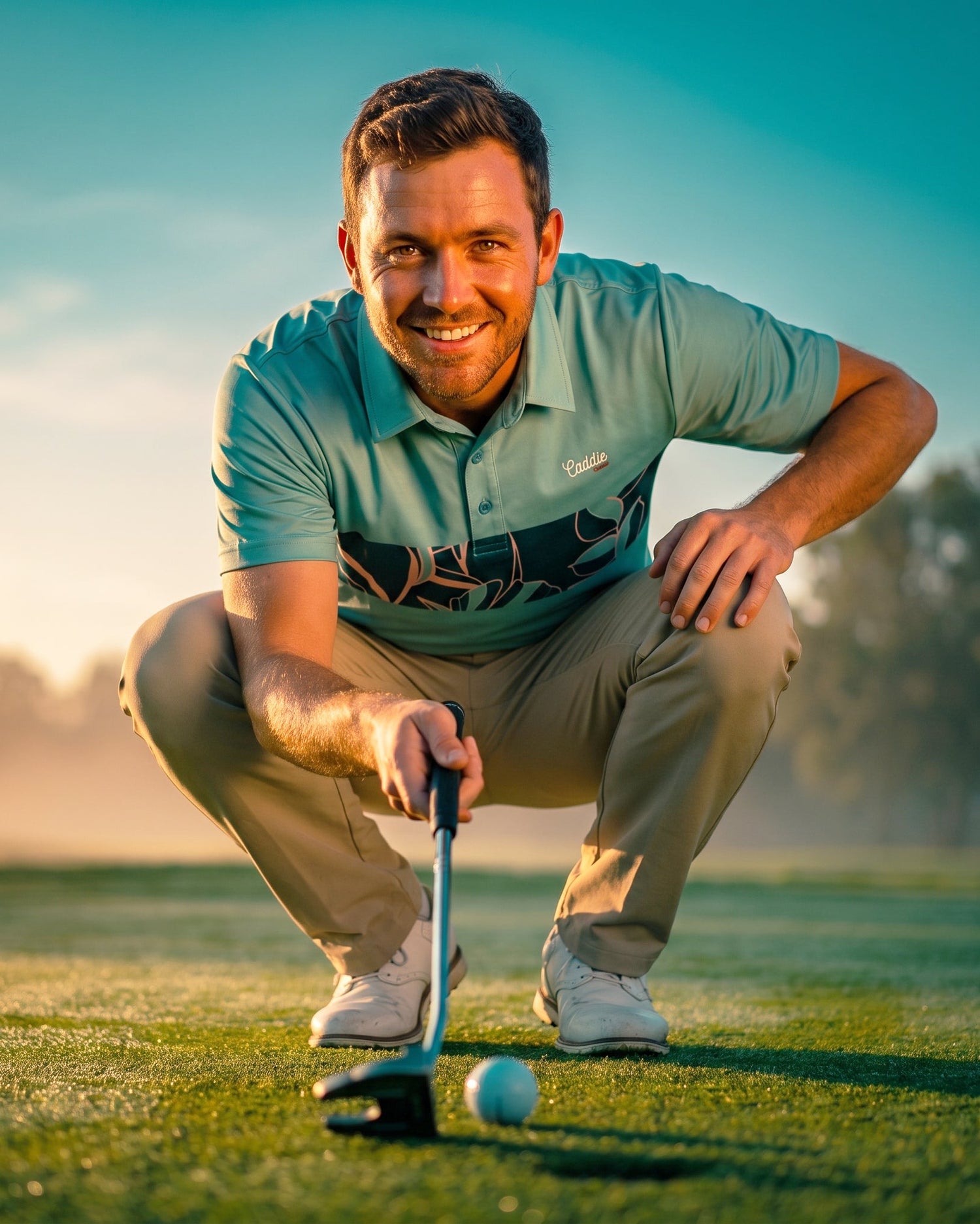 A smiling man crouches on a golf course holding a golf club near a golf ball, wearing a light blue-green polo shirt with a dark graphic, khaki pants, and white sneakers.