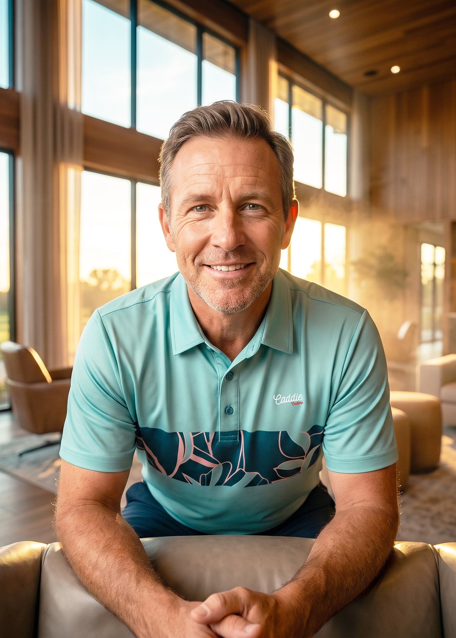 A smiling man wearing a light blue polo shirt with a dark tropical leaf pattern sits in a leather armchair in a modern, sunlit living room with wood-paneled walls and large windows.