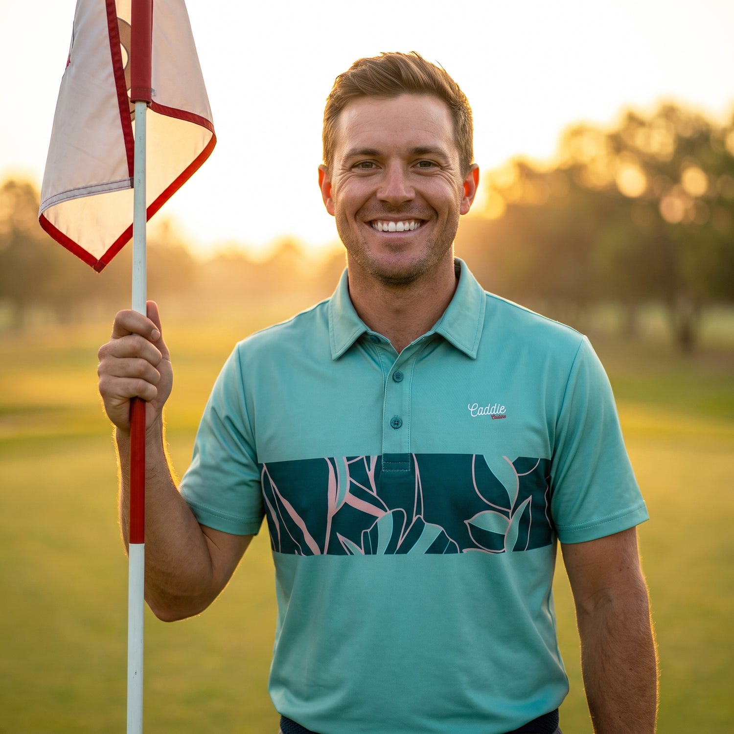 A smiling man on a golf course holds a flag while wearing a teal polo shirt with a dark teal and pink tropical leaf pattern across the chest. The background shows a warm, golden sunset over a blurred golf course.