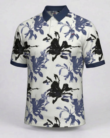 Floral patterned polo shirt with navy accents on a white background