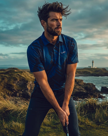 Man wearing midnight geo performance polo with dramatic golf course background