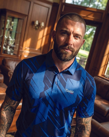 model wearing midnight geo golf polo in a clubhouse - light shining on face 