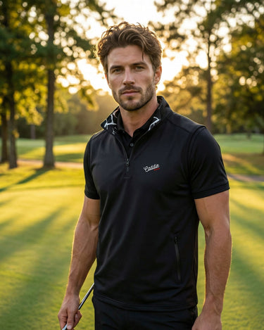Man in a black polo shirt standing on a golf course with trees in the background