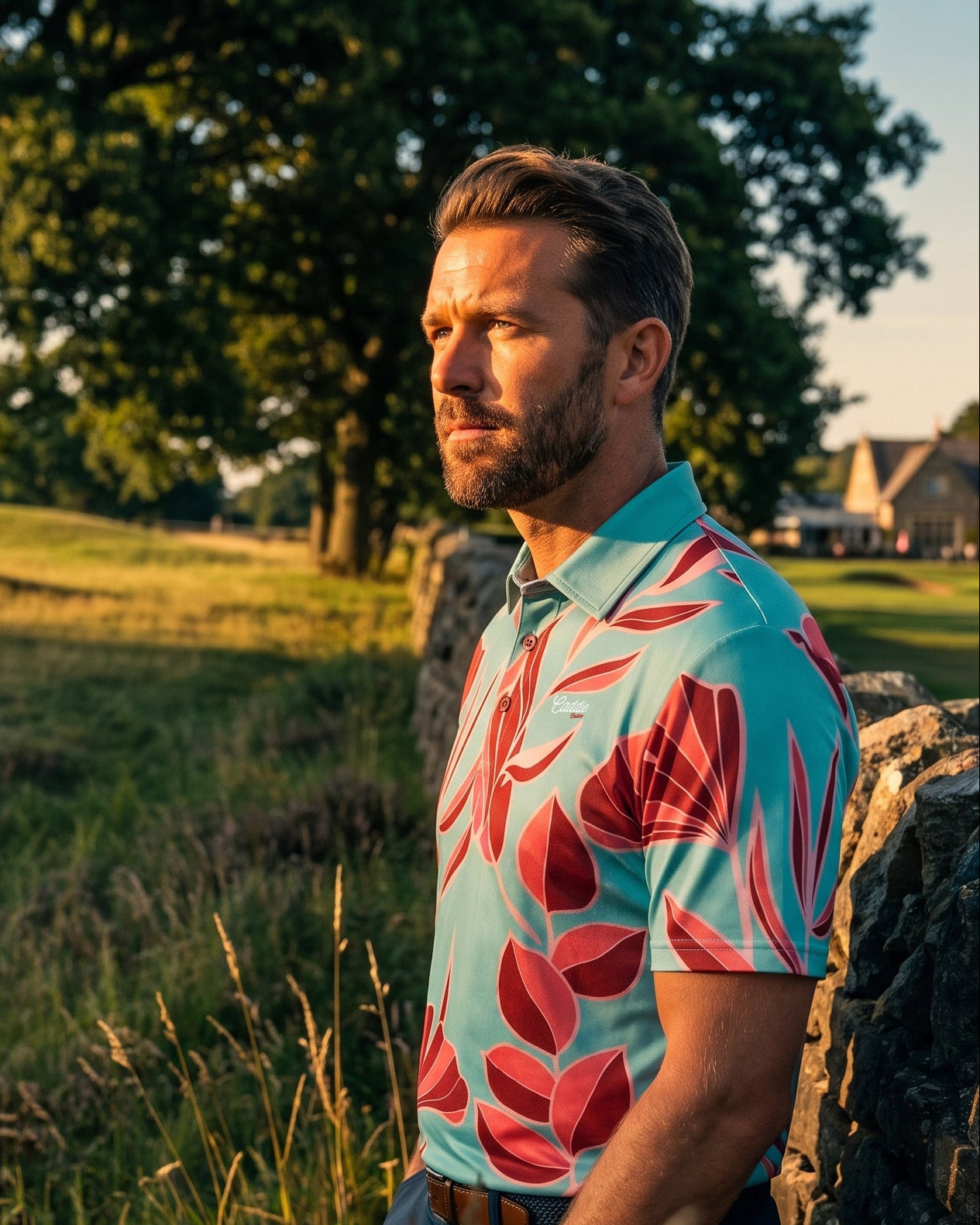 A man wearing a light blue short-sleeve polo shirt with a bold red tropical floral pattern, standing outdoors next to a stone wall in a grassy field with trees in the background.