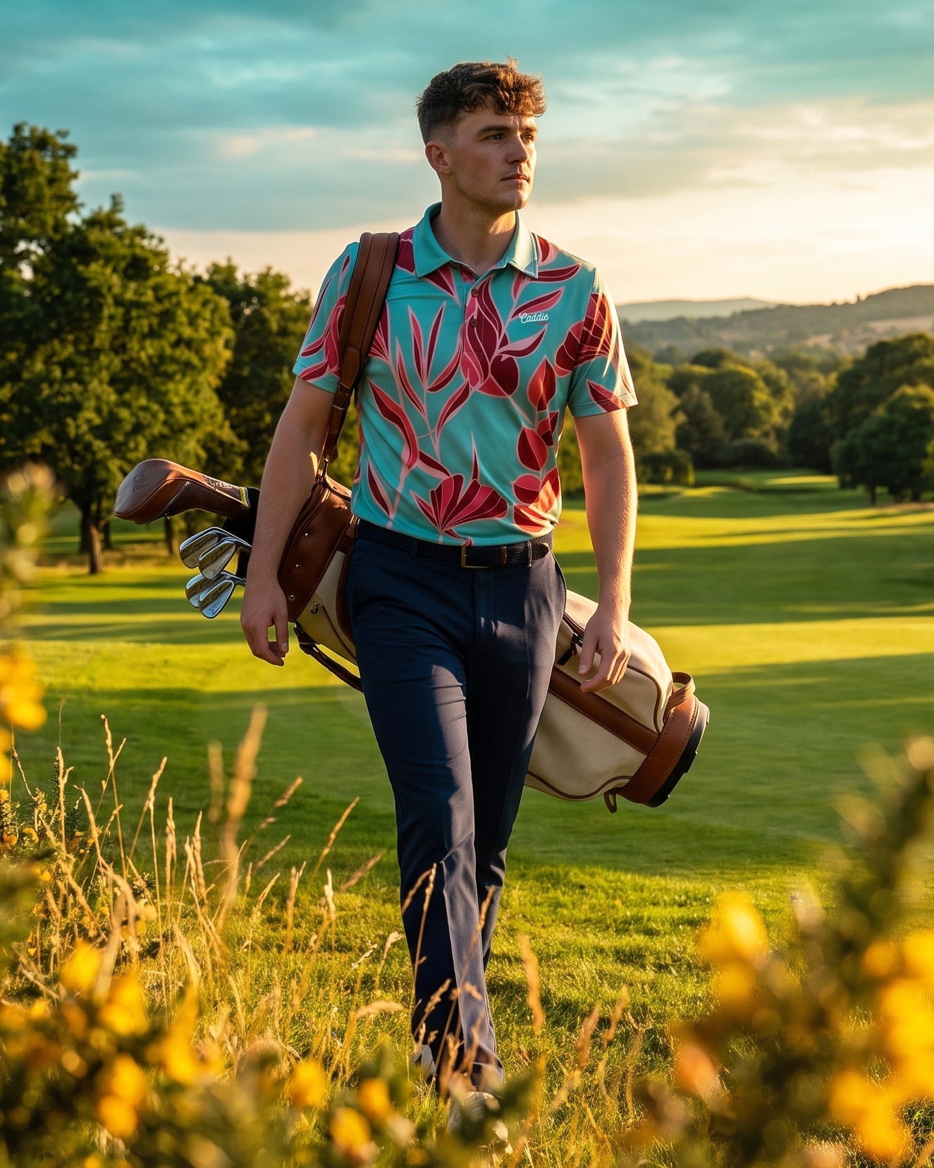 A man walks on a sunny golf course carrying a golf bag over his shoulder. He is wearing a turquoise short-sleeve polo shirt with a bold red and pink tropical leaf pattern, dark navy trousers, and a brown belt.
