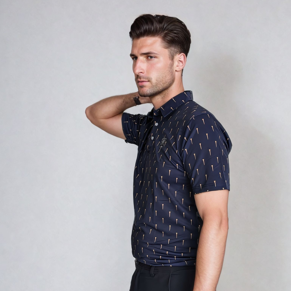 man with arm behind his neck wearing tees golf polo
