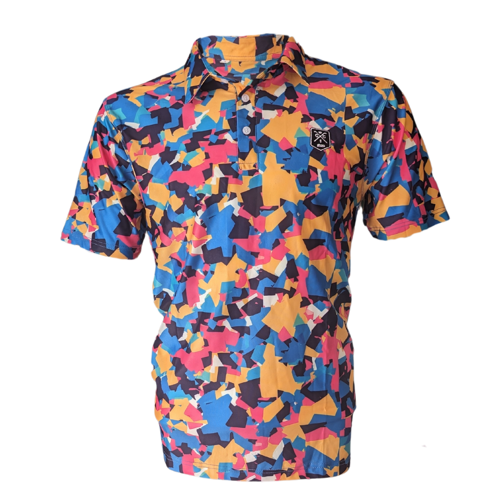 A multicolored geometric patterned golf polo shirt.
