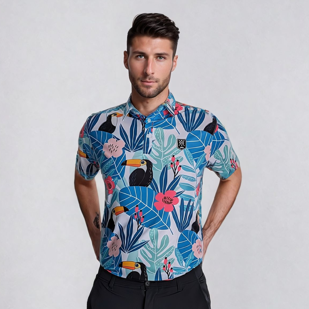 male model front facing wearing toucan golf polo shirt