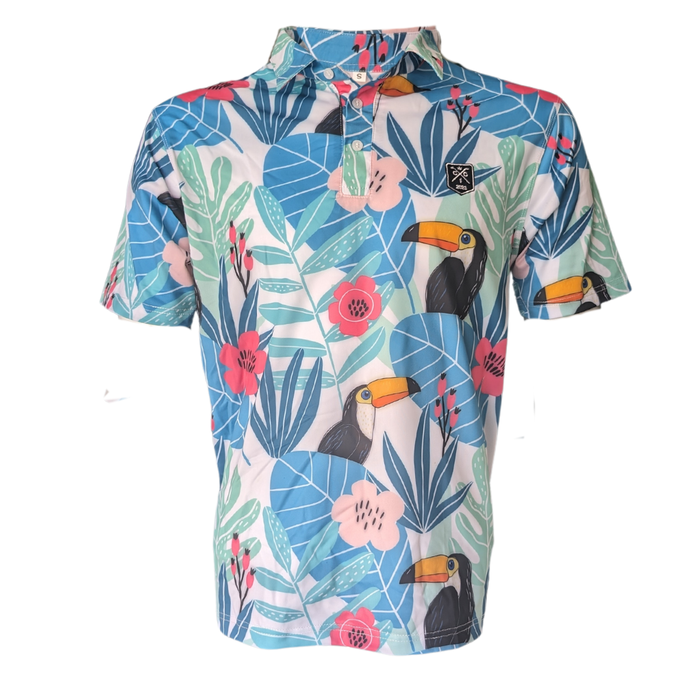 A short-sleeved golf polo shirt with a multicolor floral and toucan pattern, designed for plus-size and bigger men.