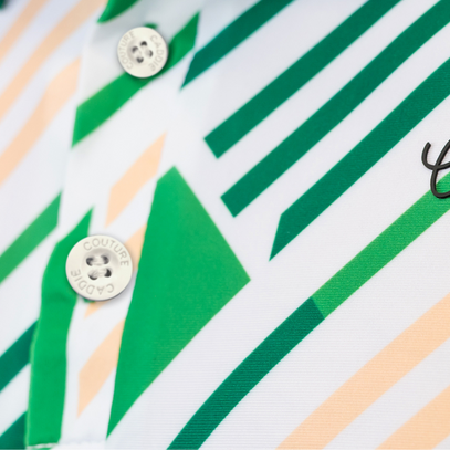 Close-up of a golf shirt with green and orange diagonal stripes and buttons.