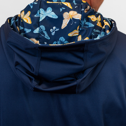 Navy blue hoodie with butterfly pattern lining