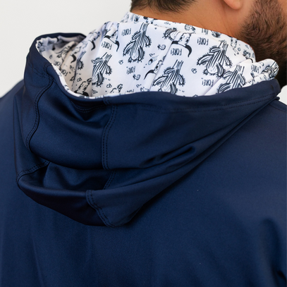 Navy blue hoodie with a patterned lining