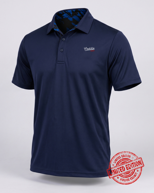 A navy blue short-sleeve polo shirt with a small white embroidered 'Cadillac' logo on the left chest, displayed on a light gray background with a red 'Limited Edition' stamp overlay in the bottom right corner.