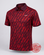 A short-sleeve polo shirt with a red and dark red abstract pattern, featuring a solid dark red collar and a small white embroidered logo on the chest. A red 'Limited Edition' stamp is overlaid in the bottom right corner.