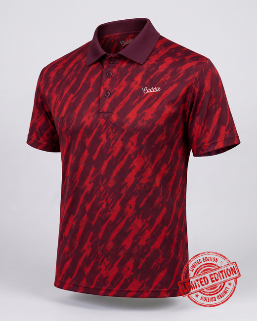 A short-sleeve polo shirt with a red and dark red abstract pattern, featuring a solid dark red collar and a small white embroidered logo on the chest. A red 'Limited Edition' stamp is overlaid in the bottom right corner.