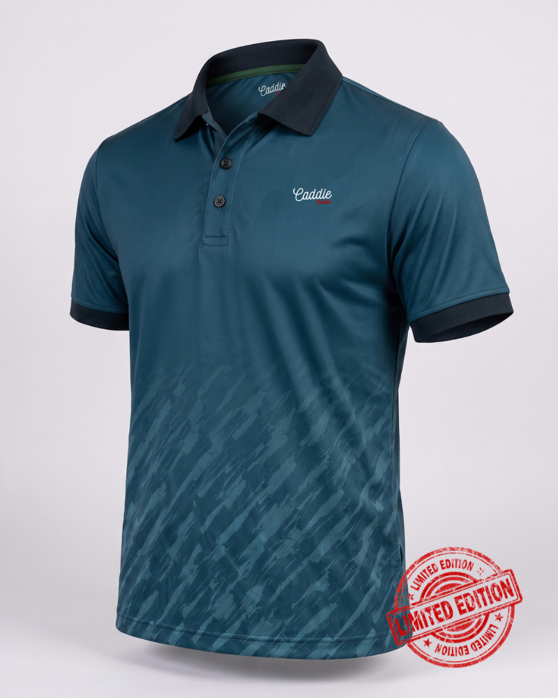 A teal and navy blue polo shirt with a subtle diagonal pattern on the lower half, featuring a white embroidered 'Caddie' logo on the left chest. The shirt is displayed on a light gray background with a red 'Limited Edition' stamp overlay in the bottom right corner.