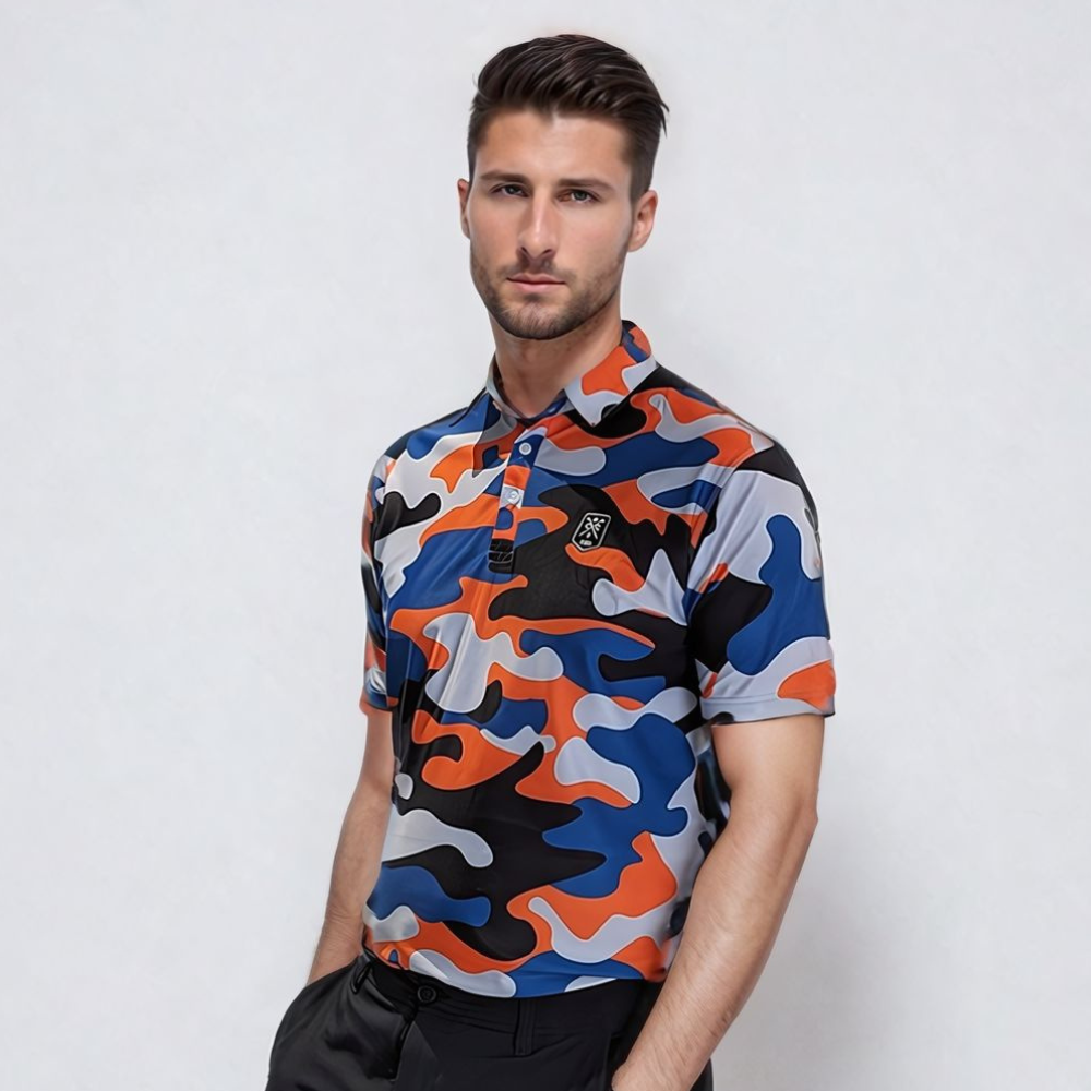 male model wearing urban camo golf polo shirt