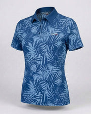 Blue patterned polo shirt on a light gray background