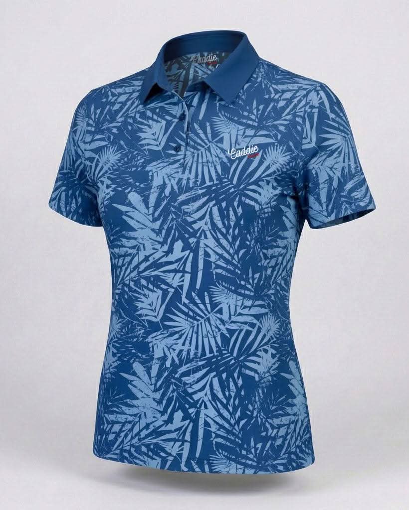 Blue patterned polo shirt on a light gray background