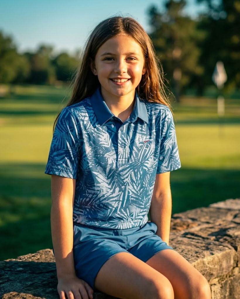 Young girl sitting on a stone wall in a golf course