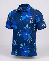 Blue floral patterned shirt with 'Caddie' logo on a white background