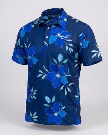Blue floral patterned shirt with 'Caddie' logo on a white background