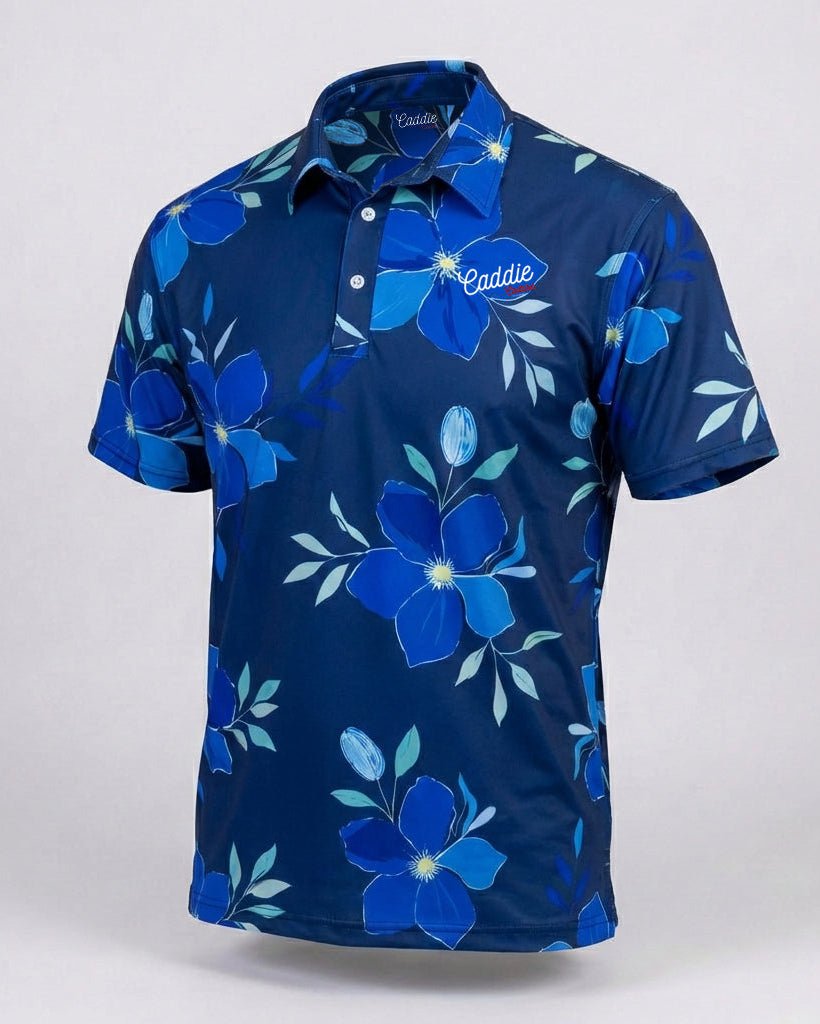 Blue floral patterned shirt with 'Caddie' logo on a white background