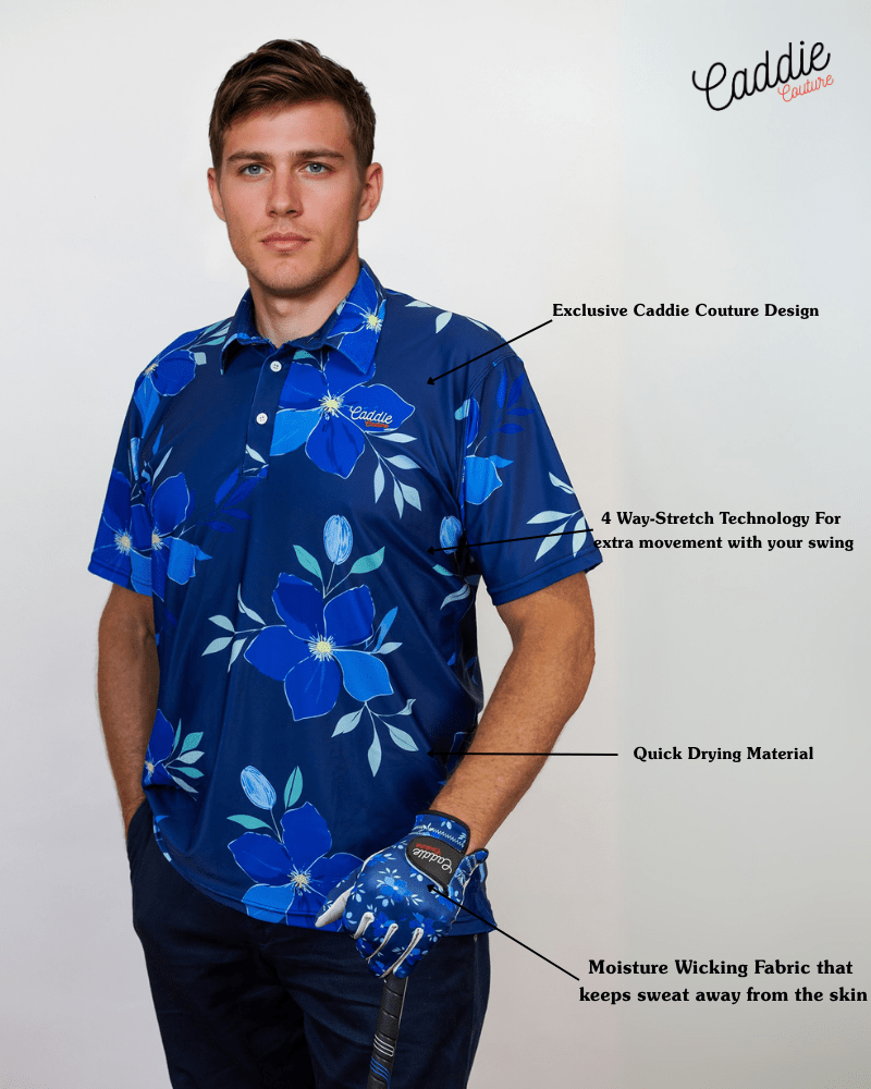 Blue Floral Golf Polo Shirt with features described