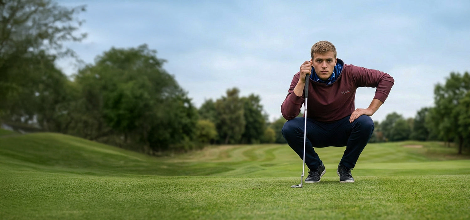 man wearing azure petal golf hoodie lining up a put