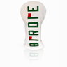 Golf club head cover with 'Bride' text on a white background