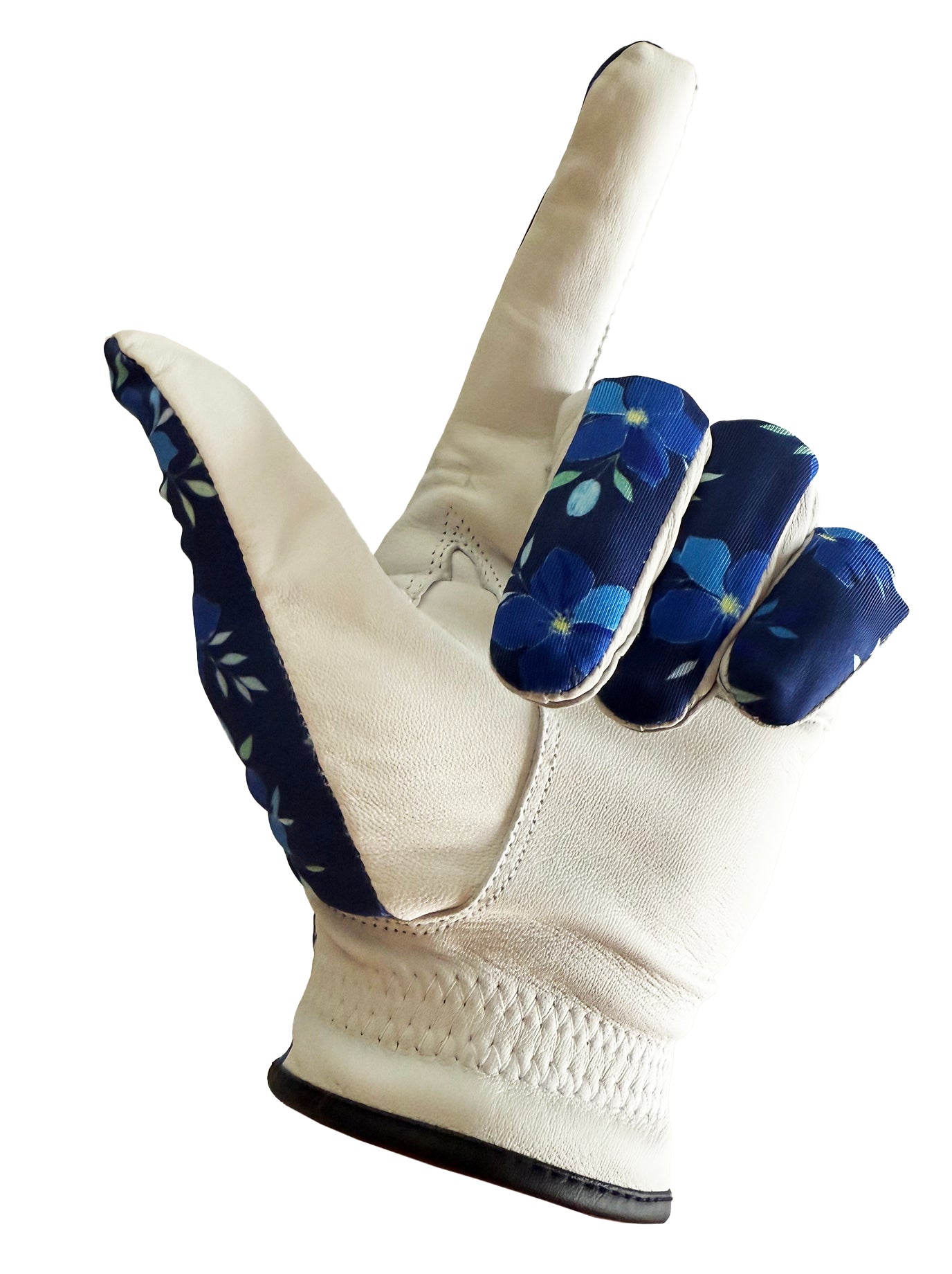 White golf glove with blue floral pattern on a white background