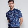 Blue Floral Polo, model with arms behind back