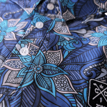 Blue Floral Golf Polo up close