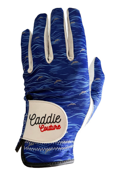 Blue patterned glove with 'Caddie Couture' logo on a white background
