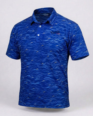 Blue patterned polo shirt on a white background