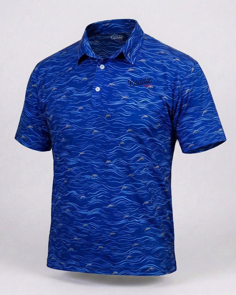 Blue patterned polo shirt on a white background