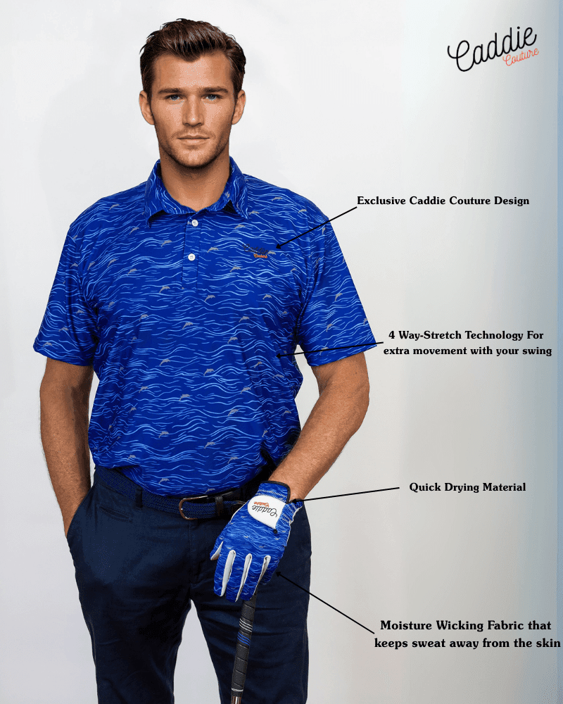 Man wearing a blue patterned golf shirt and navy pants with a golf club, on a light gray background.