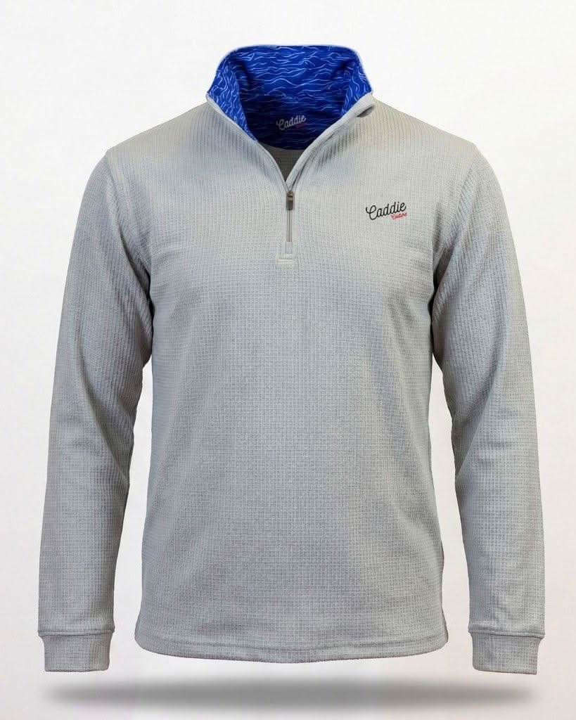 Gray long-sleeve shirt with a blue collar on a white background